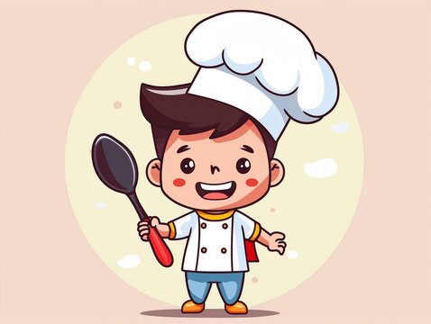 Kid as a master chef with a giant spoon, kitchen kingdom, culinary adventure, logo, art, emblem, simple cartoon 2D