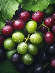 Obraz premium A cluster of green grapes and red grapes with water droplets on leaves, symbolizing freshness, vitality, nature, fruit, and harvest.