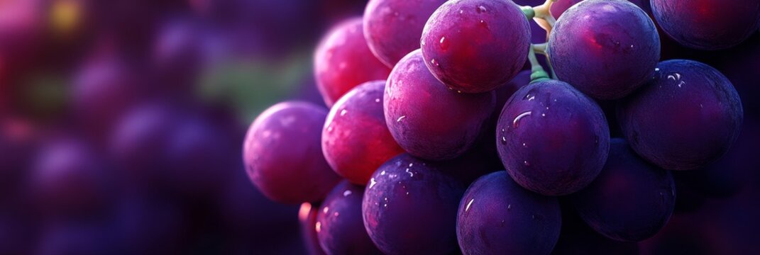 A cluster of ripe purple grapes with dew drops, symbolizing freshness, abundance, health, nature's bounty, and the beauty of simple things.
