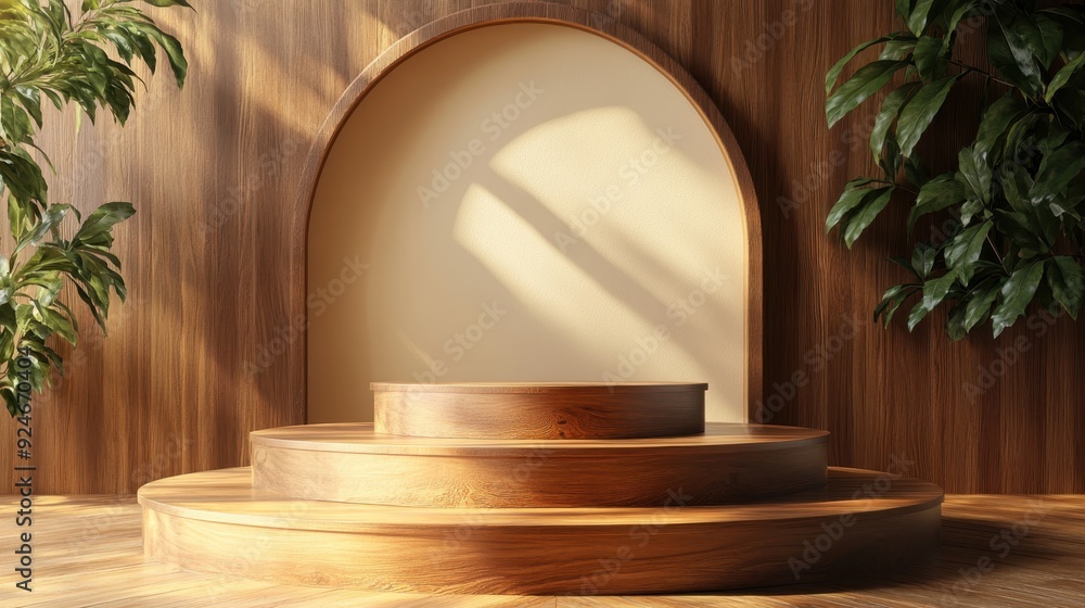 Poster modern wooden podium in minimalist setting with sharp edges