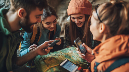 A group of friends coordinating their travel plans via a group messaging app, with location