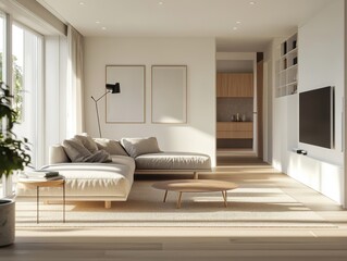 Fototapeta premium A living room with a couch, a coffee table, and a television