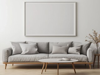 A white couch with pillows and a coffee table in front of a blank wall
