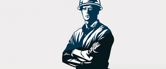 Obraz premium A construction worker stands confidently with arms crossed, showcasing professionalism, expertise, and readiness for any task. The hard hat, strong posture, and determined expression symbolize safety,