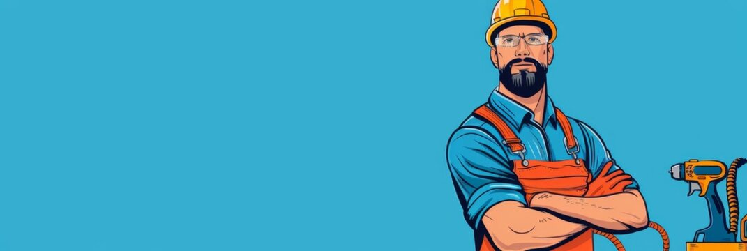 A construction worker wearing a hard hat and safety glasses stands confidently with his arms crossed, holding a power drill. He represents expertise, reliability, and the power of construction.