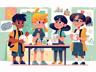 Kids participating in a science fair clipart, flat art, project display, simple cartoon 2D emblem