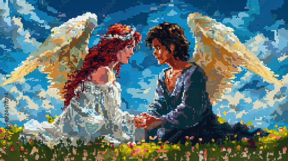 Wall mural christian religious background in colorful pixel-art style.