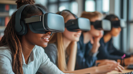 A group of students working on a collaborative project using virtual reality headsets in a digital