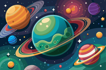 Naklejka premium Colorful Planets and Stars in a Dark Blue Space