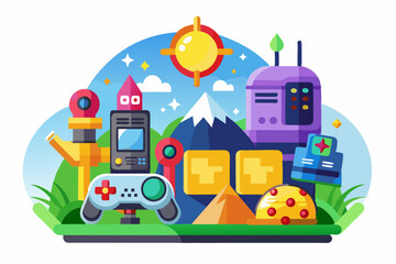 Colorful Illustration Featuring a Video Game Controller and Other Symbolic Objects