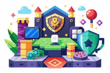 Colorful Game Interface with Trophy, Shield, and Castle Towers