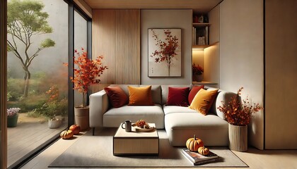 Cozy living room with autumn decorations and garden view