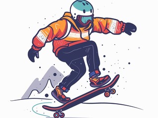 Longboarder cruising down a hill clipart, flat art, skate journey, simple cartoon 2D emblem