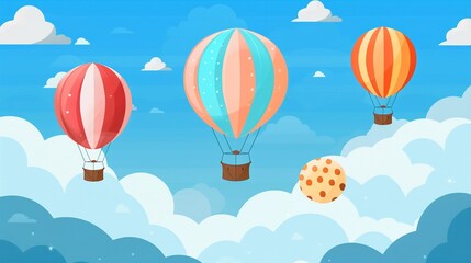 Fototapeta premium Majestic hot air balloon ride clipart, cloud skies, flat art, simple cartoon 2D