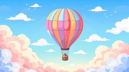 Naklejka premium Majestic hot air balloon ride clipart, cloud skies, flat art, simple cartoon 2D