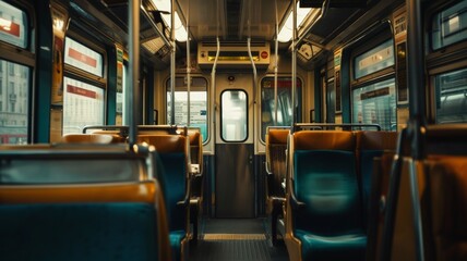 Fototapeta premium The interior of a nearly empty public transport vehicle displays rows of unoccupied seats under fluorescent lighting