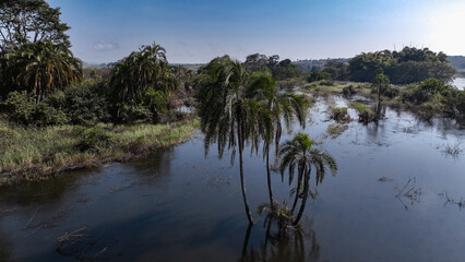 Aerial view of Angola's wild landscape showcasing lush vegetation and tranquil waters under clear...