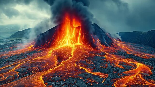 The scene is apocalyptic, with flaming lava scalding and gushing out of the crater, volcanic fumes, and smoke billowing around.