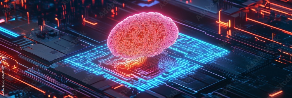 Poster a digital brain is placed on a circuit board, symbolizing the intersection of technology and human i