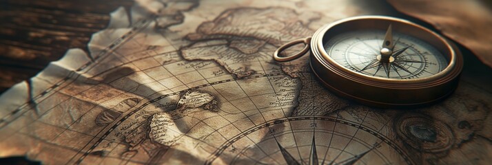 An intricately detailed old-fashioned map with an antique compass placed on top, symbolizing exploration, adventure, and navigating the unknown.