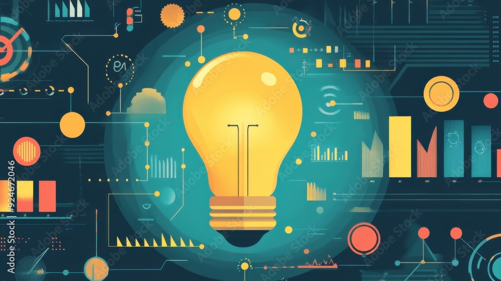Poster illuminating business insights: light bulb with data and graphs driving growth - flat design illustr