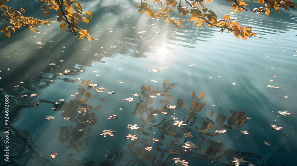 Poster sunlight streaming through leaves creates a pattern on a calm lake surface