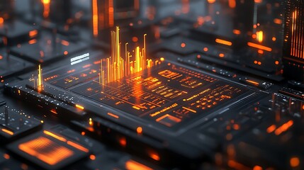 Performance metrics analysis, detailed charts and glowing key points, 3D illustration