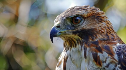 A hawk gazes intently while perched, surrounded by soft, blurred greenery under bright daylight, showcasing its striking features and colors