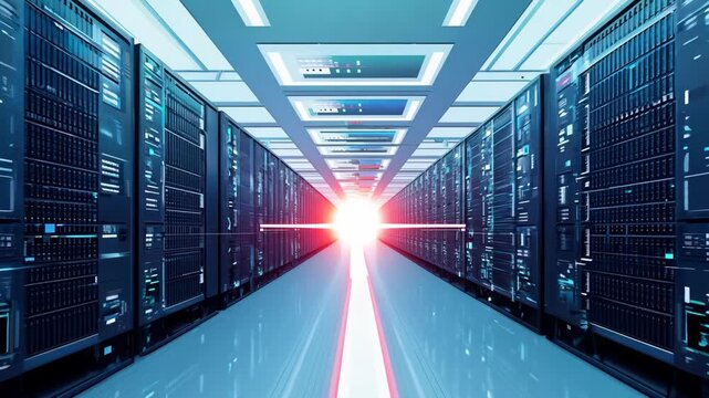 Data Center Efficiency: Cloud Server Panels and Security Scanners in High-Quality Animation