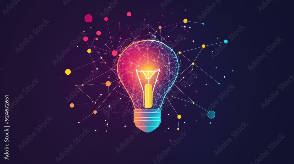 Poster illuminating connections: light bulb with interconnected dots symbolizing insight and growth in flat