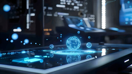 Fototapeta premium The Haptic Harmonist: A haptic feedback device, surrounded by floating particle simulations, on a futuristic table.