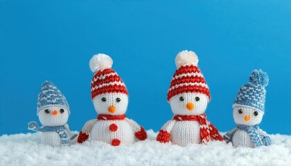  little knitted snowmans on soft snow on blue background