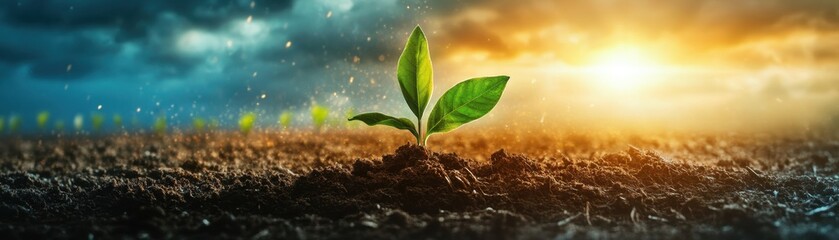 Obraz premium Young Green Plant Growing in Soil with Dramatic Sky and Sunlight Background, Symbolizing Growth and New Beginnings