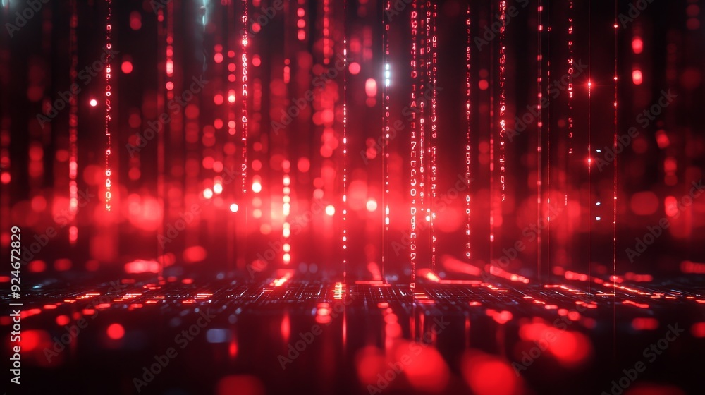 Poster a futuristic abstract background with red digital rain falling on a circuit board, symbolizing techn