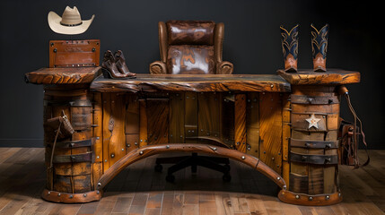 The Rodeo Arena: An abstract desk with a rustic design, reminiscent of the wooden fences found at a rodeo arena. It features a cowboy hat, boots, and spurs as decorations