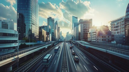 Vehicles travel along a bustling highway as the sun sets behind tall buildings in an urban skyline