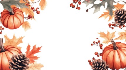 Thanksgiving background with pumpkins, pine cones, autumn leaves and berries, blank space. The generation of AI