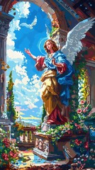 Christian religious background in colorful pixel-art style.