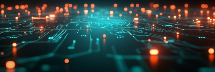 Fototapeta premium A futuristic circuit board concept with glowing lines and data points, symbolizing digital connectivity, technology advancement, data flow, innovation, and network infrastructure.
