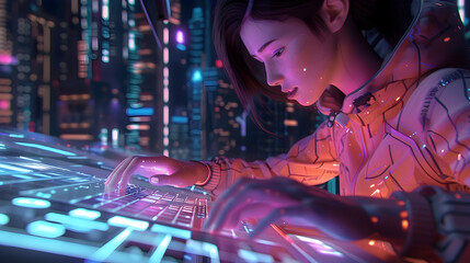 The tech-savvy netizen navigates the digital highways with ease, her fingers gliding over a glowing keyboard