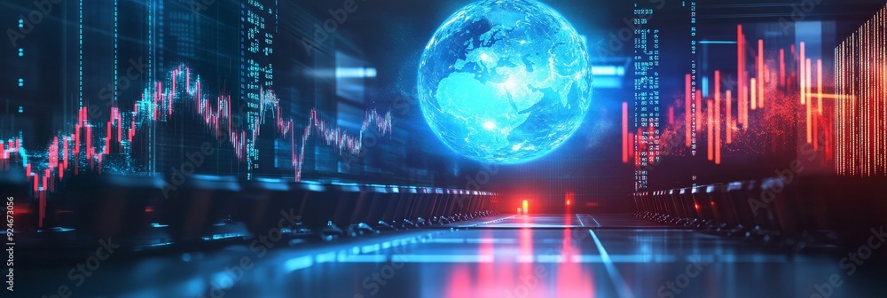 Poster a futuristic data visualization showing a glowing globe representing global markets, surrounded by r
