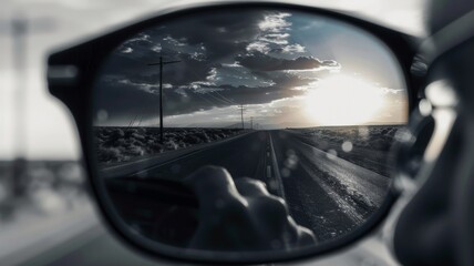 A person gazes into the distance, with sunglasses reflecting a vibrant sunset and an empty road surrounded by arid landscape