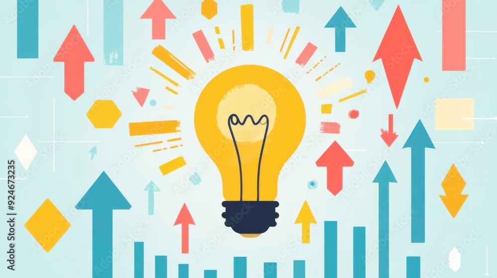Poster idea-driven progress: light bulb surrounded by upward arrows in flat design illustration