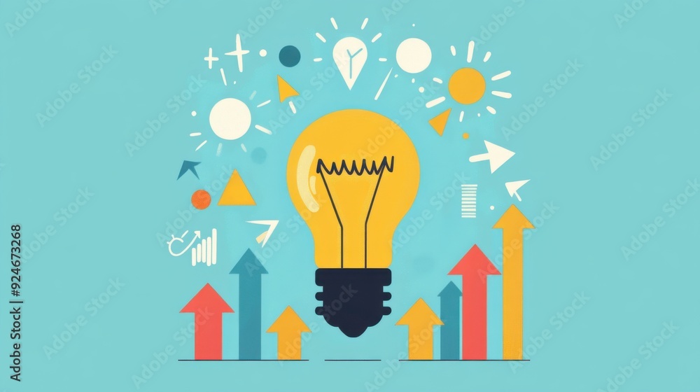 Poster illuminating growth: light bulb with upward arrows, idea-driven progress in flat design illustration