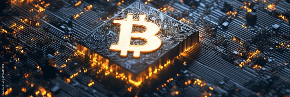 Poster a glowing bitcoin symbol embedded in a circuit board, representing the digital nature of cryptocurre