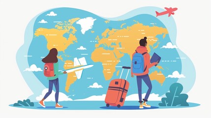 Fototapeta premium Student exchange and study abroad clipart, airplane journey, flat art, simple cartoon 2D
