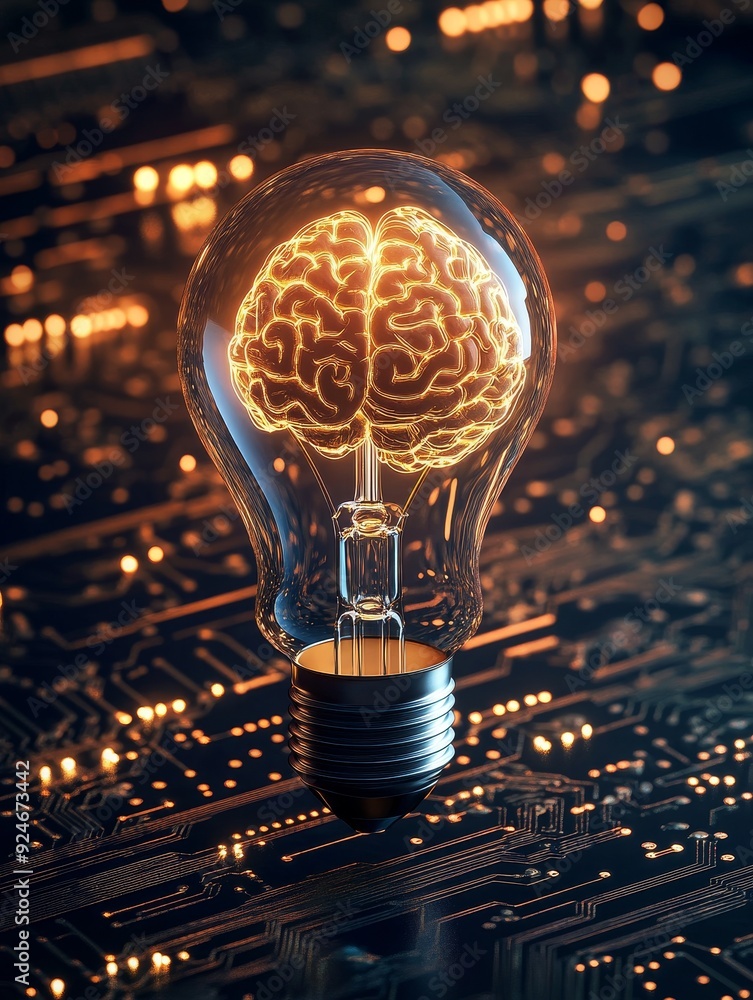 Poster a glowing brain inside a lightbulb, representing the connection between intellect and technological 