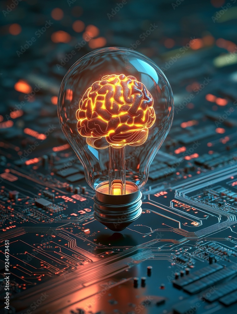 Aufkleber a glowing brain inside a lightbulb symbolizes the connection between human intellect and technologic