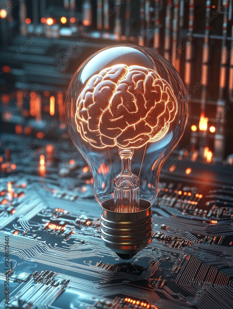 Poster a glowing brain inside a lightbulb symbolizes the power of intellect, innovation, and the connection