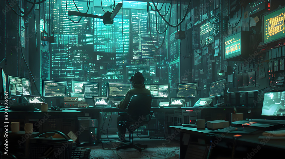 Poster undead hacker plots in a lair of flickering screens and code